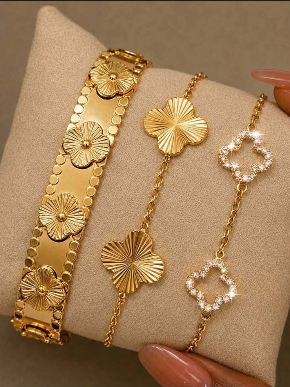 Gold Floral Clover Bracelet Trio - Women Jewelry